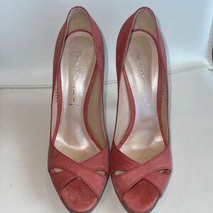 Casadei Red Suede Cross-Front Peep-Toe Heels